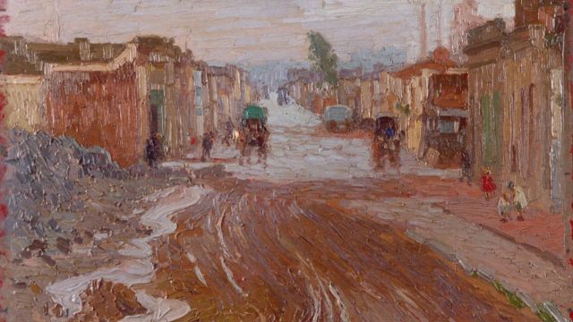 COLLIVADINO, PÍO, Día gris / Calle de suburbio (Día lluvioso), 1934 ca, óleo s/cartón, 37 x 55 cm